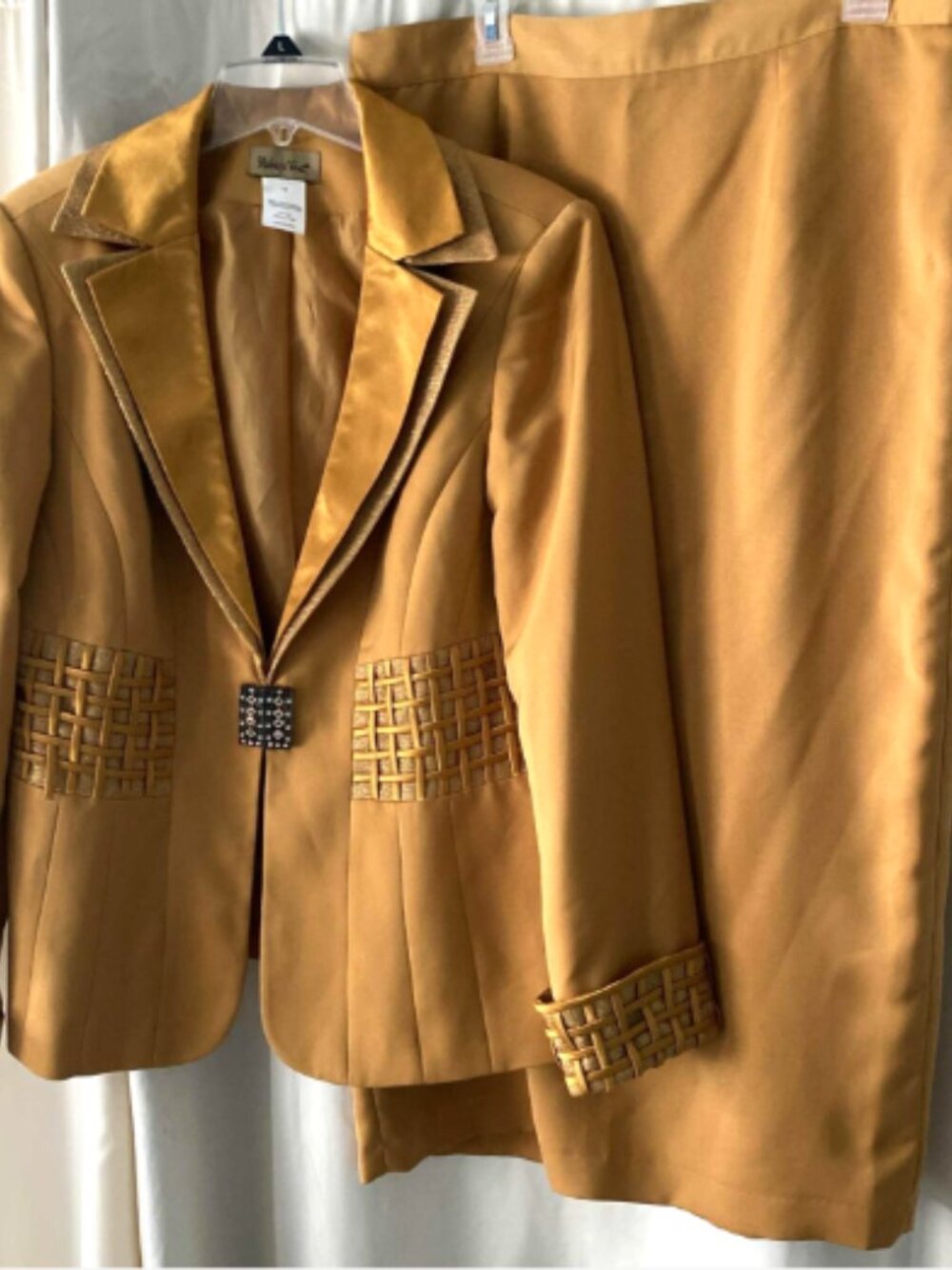 Vintage Midnight Velvet Skirt Suit 14 Gold Tan Rhinestone Woven Trim 2Pc